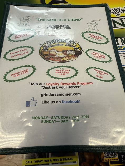 Menu at Grinder's American Diner restaurant, Jacksonville