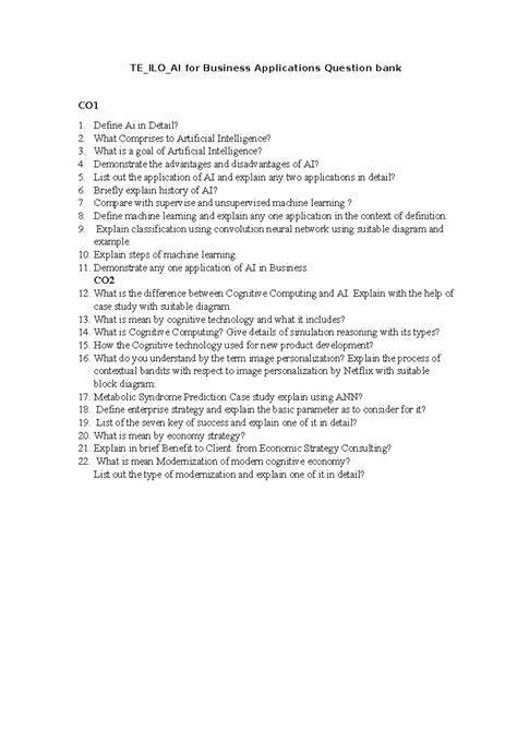 Question Bank - QB FOR AIBA - TE_ILO_AI for Business Applications ...
