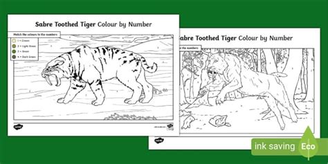 Sabre-Toothed Tiger Colour-by-Number Pages | Twinkl | KS1