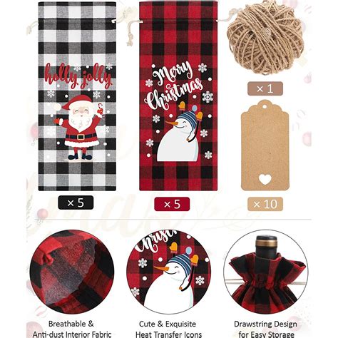 Set 10 huse cu snur pentru sticle de vin, Model carouri, 15 x 35 cm ...