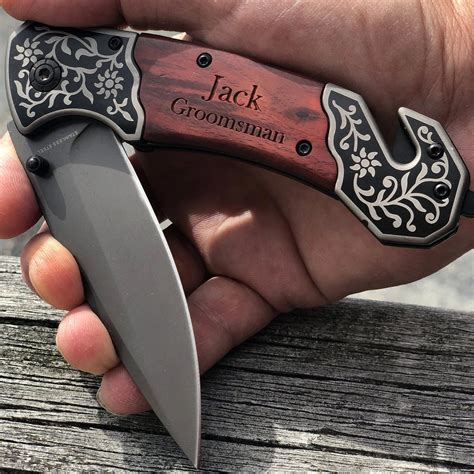 Handsome Scroll work Personalized Pocket Knife with Wood Handle | Knife, Pocket knife, Glass breaker