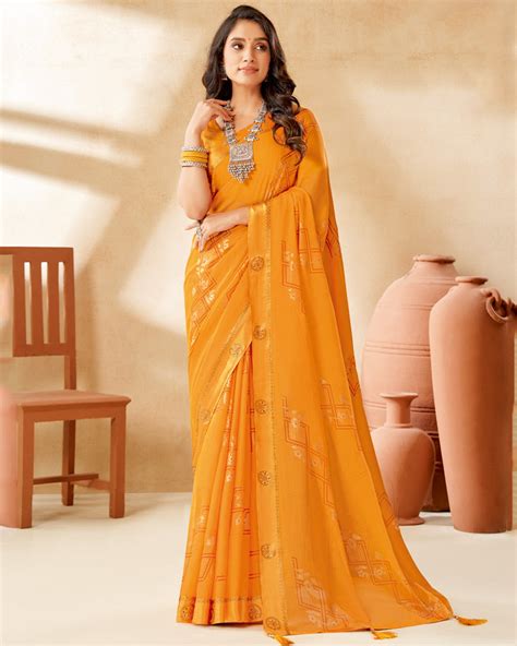 Vishal Prints Saffron Color Designer Chiffon Saree With Foil Print And