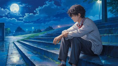 😺 Lonely Anime Boy Sitting on Wet Steps Under Moonlight 4K Wallpaper