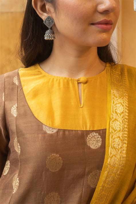 Kanika Brown Jacquard Flared Kurta, Pants and Dupatta - Set – The ...