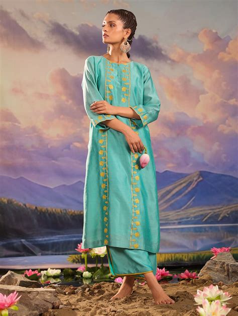 Turquoise Embroidered Chanderi Silk Kurta with Pants- Set of 2