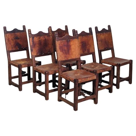 Set of 6 Spanish Hand-Crafted Wood and Cognac Studded Leather Dining ...