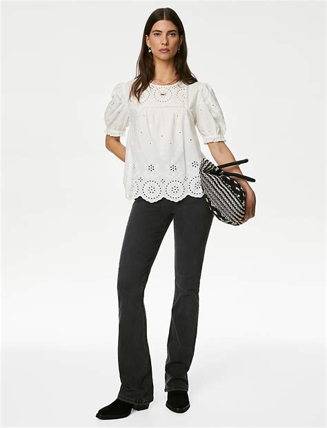 Buy Pure Cotton Broderie Puff Sleeve Blouse at Marks & Spencer