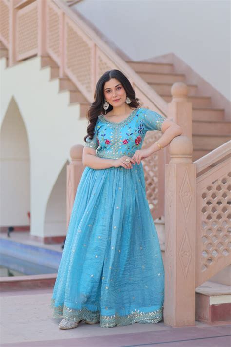 Sky Blue Gold Crush Gown with Multicolor Thread Embroidery