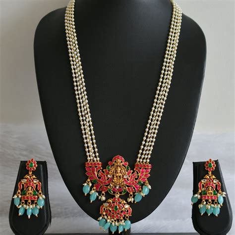 Matte finish pink-green-white pearl blue beaded kundan jadau lakshmi h ...