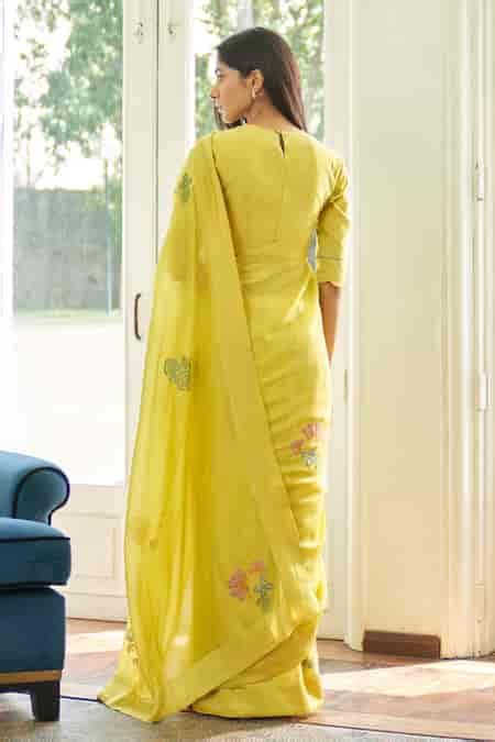 Buy Lime Muslin, Cotton Applique Daffodil Floral Saree With Unstitched ...