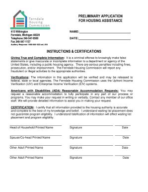 Preliminary Application for Housing Assistance - Blank Fillable ...