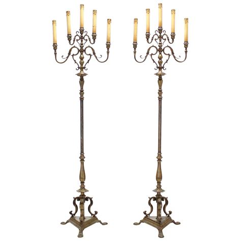Pair of Tall Heavy Brass Torchere Floor Lamps Candelabra Style at ...
