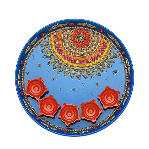 Buy Blue Pooja Thali Plate with 5 aarti Diwali diya Platter Engagement ...
