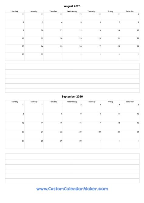 August to September 2026 Calendar Template with notes