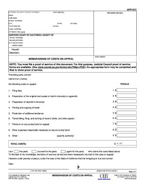 Fillable Online APP-013 Memorandum of Costs on Appeal. Fillable ...