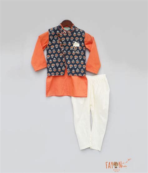 Printed Nehru Jacket with Orange Kurta Chudidar for Boys – FayonKids