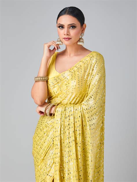 Yellow Georgette Sequin Saree – Tirumala Designers