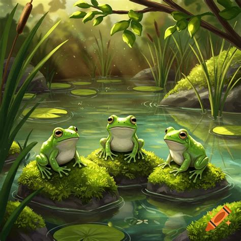 Three cute green frogs sit on mossy rocks in a sunlit pond with lily ...