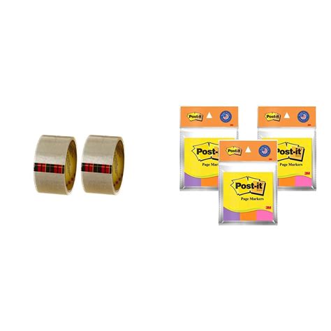 3M Scotch Packing Tape 48mm*50m White(Pack of 2) & Post-it 3 Color Page ...