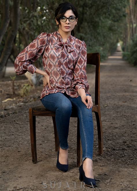 Classy Georgette Boroque Print Shirtwith Bow Tie Neck Pattern – Sujatra