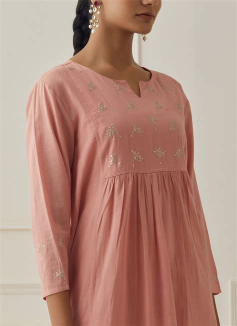 ROSE PINK PEACH SLUB SET WITH CHANDERI DUPATTA - SET OF 3 – Imlee Jaipur