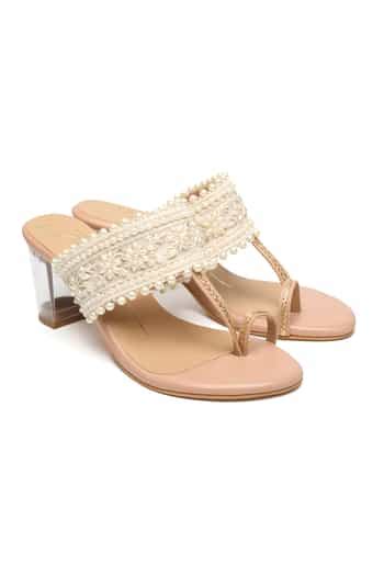 Buy Beige Pearl Work Embroidered Kolhapuri Heels by NIDHI BHANDARI ...