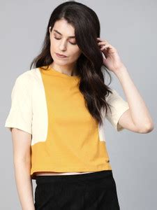 Roadster Colorblock Women Round Neck Yellow T-Shirt - Buy Roadster ...