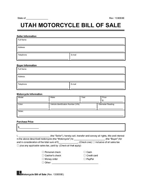 Utah Motorcycle Bill of Sale Form | Legal Templates