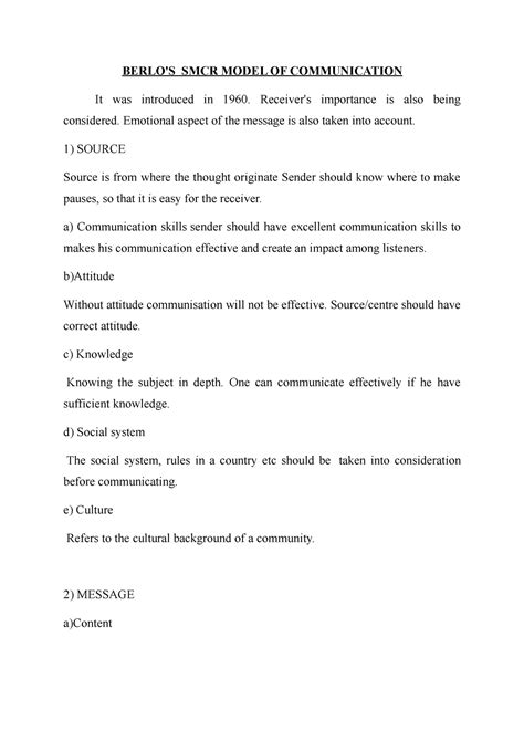 Berlo'S SMCR Model OF Communication - BERLO'S SMCR MODEL OF ...