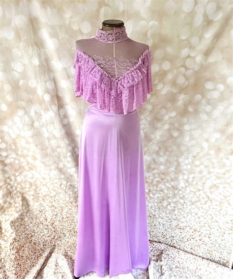 1970s Does Edwardian Lilac Ruffles and Lace Maxi Dress, Downton Abbey Style Frock, UK Size 8 US ...