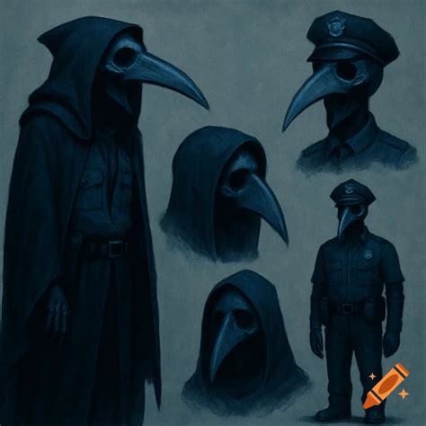 Character design sheet of figures wearing plague doctor masks and ...