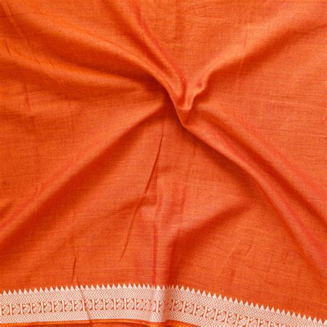 Pure Cotton Handloom Orange With Mul Plane Resham Border Woven Fabric ...