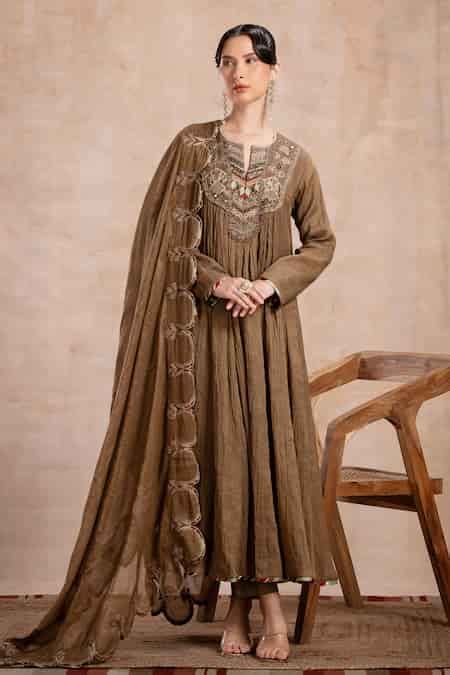 Buy Brown Anarkali And Dupatta Chanderi Tissue Silk Hand Embroidery ...