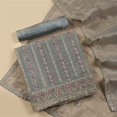 Sea Green Tissue Organza Blend Embellished Unstitched Suit Fabric Set ...