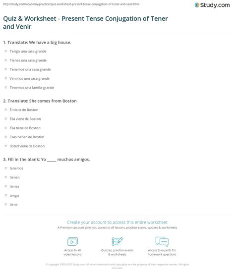 Quiz & Worksheet - Present Tense Conjugation of Tener and Venir | Study.com
