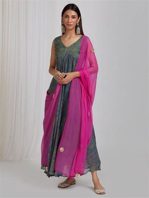 Buy Grey Bandhani Kota Doria Anarkali Kurta with Dupatta - Set of 2 ...