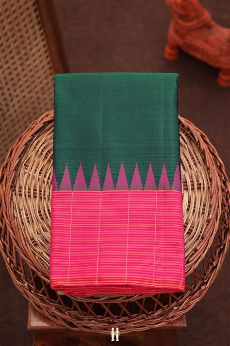 Kanchipuram Silk Saree In Dark Green With Contrast Border