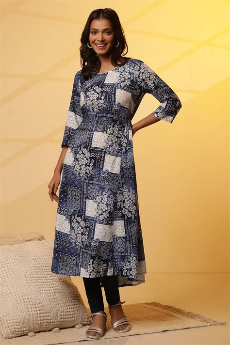 Buy Blue Floral Printed Patch Work Flared Kurta and Leggings Set Online ...