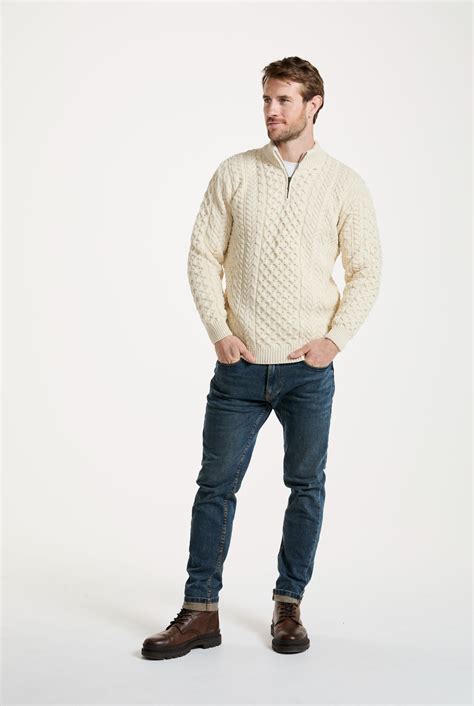 Ballycroy Mens Aran Half Zip Sweater - Cream