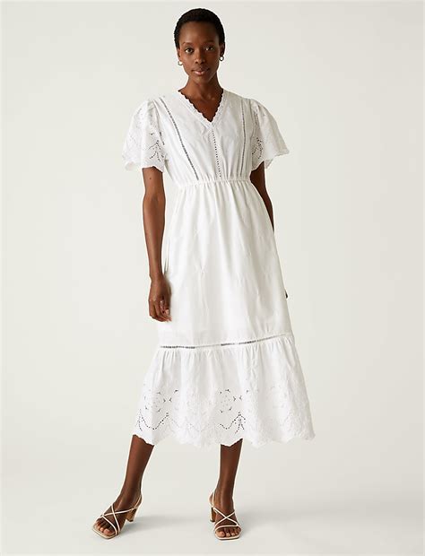 Buy Pure Cotton Broderie V-Neck Midi Tea Dress at Marks & Spencer