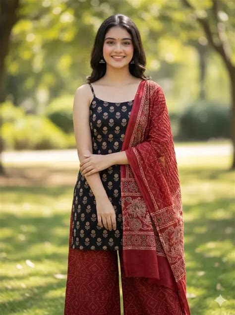 Natural Dyes Ajrakh Handblock Printed Cotton 3 Piece Suit | D-Designs