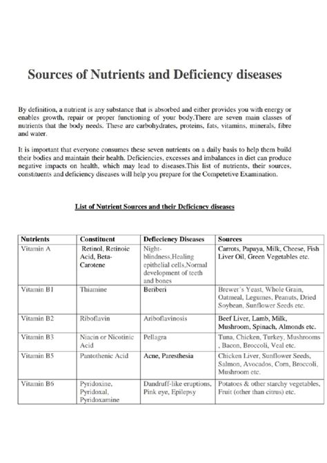 Nutrients-Sources and deficiency diseases-An easy reference table ...