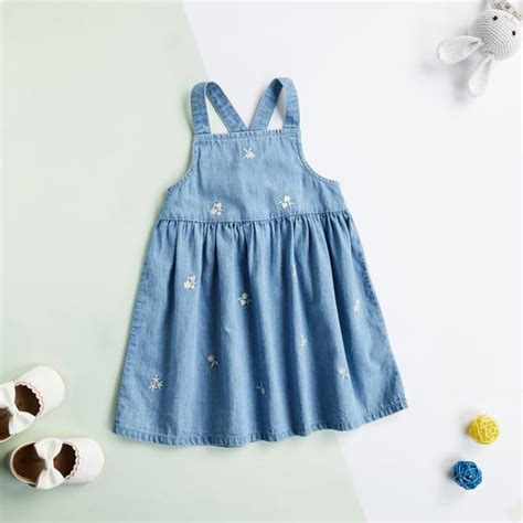 Juniors All-Over Floral Embroidered Sleeveless Denim Dress