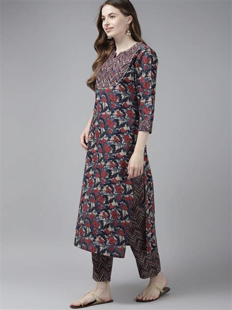 Navy Blue & Red Printed Dupatta Set freeshipping - Yufta Store