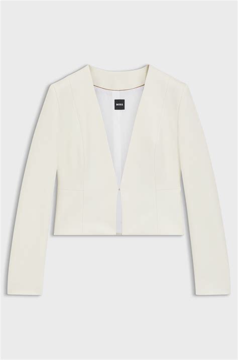 BOSS - Slim-fit cropped jacket with collarless styling - White