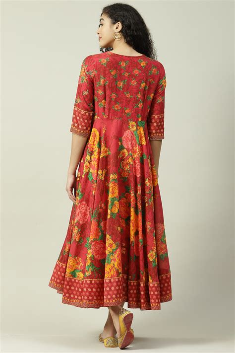 Buy Red Cotton Flared Fusion Printed Dress Online at Biba India
