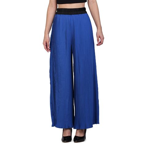 Buy The Clothing Factory Women's Blue Pleated Palazzo | Belt Fab Satin ...