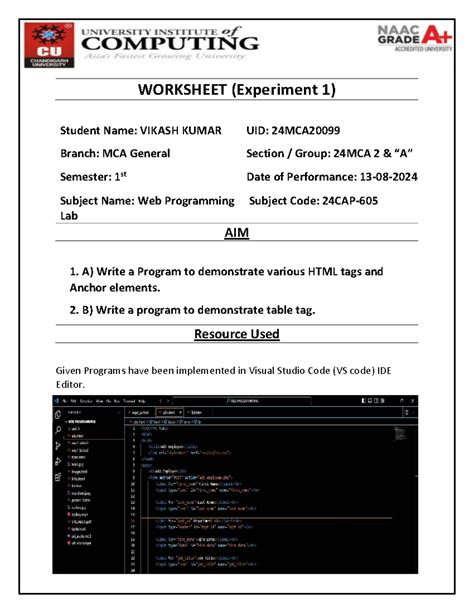 WEB Programming Lab Experiment 1: HTML Tags & Anchor Elements - Studocu