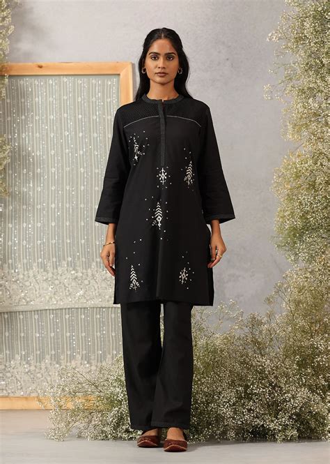 Parizad Black Embroidered Cotton Blend Mandarin Collar Straight Co-ord ...
