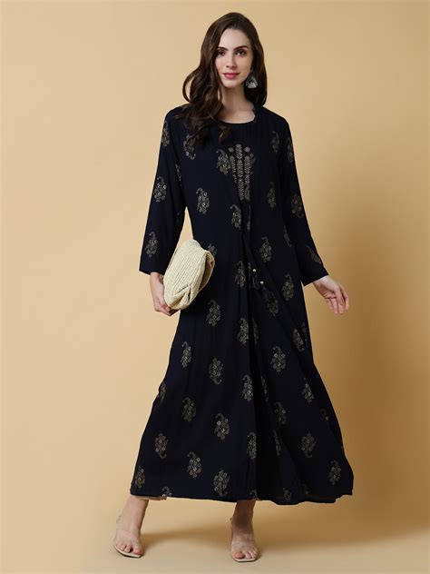 SHOWOFF Women's Navy Blue Ethnic Motifs A-Line Kurta with Shrug